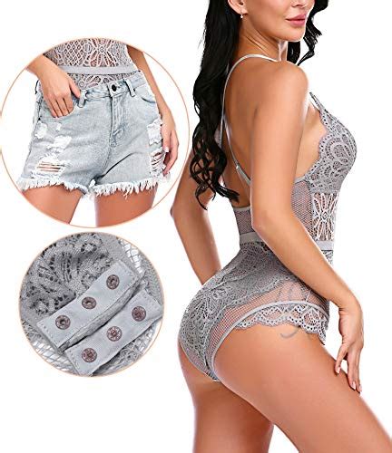 Wearella Women Lingerie One Piece Babydoll Lace Teddy Snap Crotch Bodysuit Lingerie Gray