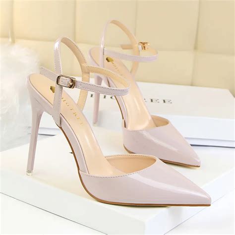 Slingback High Heels Shiny Patent Leather Satin Lady Sandals Lilac White Nude Stylish Elegant