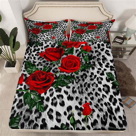 Yst Grey Cheetah Print Queen Sheets Red Rose Flower Bed Sheets Leopard