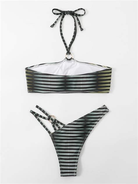 Bikini à rayures à lien anneau ras du cou échancré Mode en ligne SHEIN FRANCE
