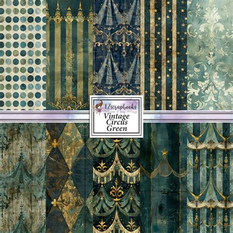 vintage circus green  scrapbook paper pack  ezscrapbooks