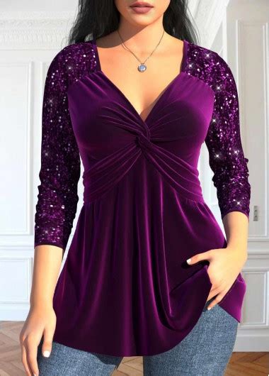 Purple Sequin Long Sleeve V Neck T Shirt Modlily USD 37 98