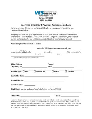 Fillable Online One Time Credit Card Payment Authorization Form Fax