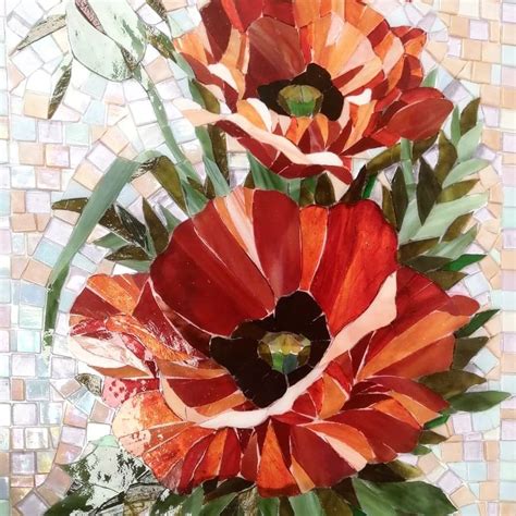 Художественная мозаика из витражного стекла цветы Маки. | Мозаика ...