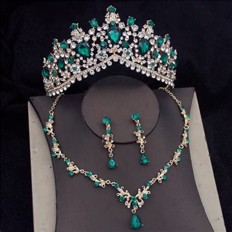 Conjuntos De Joyas De Corona Verde Barroca Para Mujer Tiara De Moda