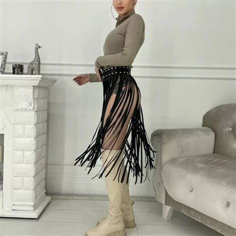 Sexy Body Harness Women Leather Cage Long Skirt Harness With Fringe Fetish Clothing BDSM Mature