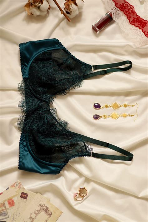 Emerald Dark Green Lace Satin Lingerie Set Underwired Bra And Brazilian Luxury Lingerie New