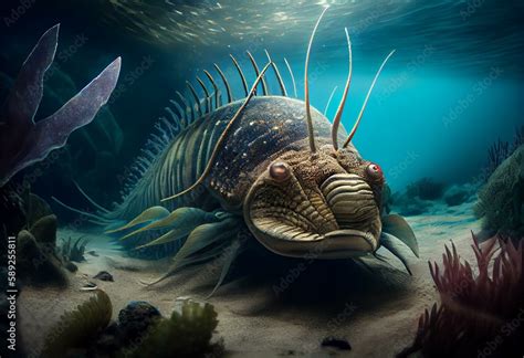 Creatures Of The Cambrian Period Underwater Scene With Anomalocaris