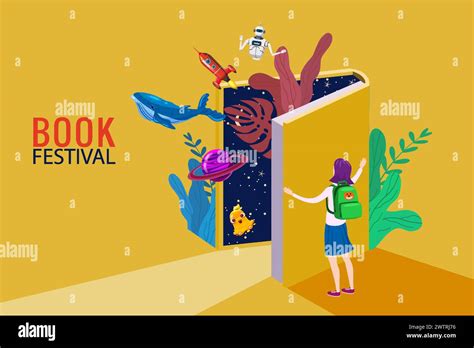 Book Festival Concept Girl Open Huge Book Stock Vector Image And Art Alamy