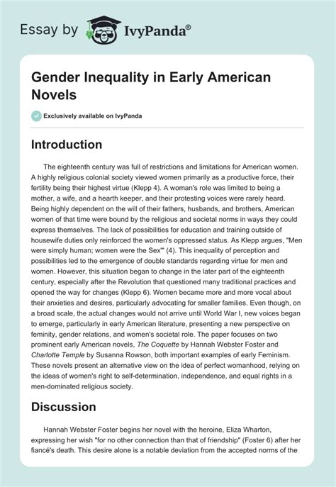 Gender Inequality In Early American Novels 1490 Words Research