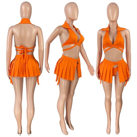 Women Halter Nightclub Bikini Pleated Skirt Sports Swimsuit Three Piece Set 2023 Summer Swim