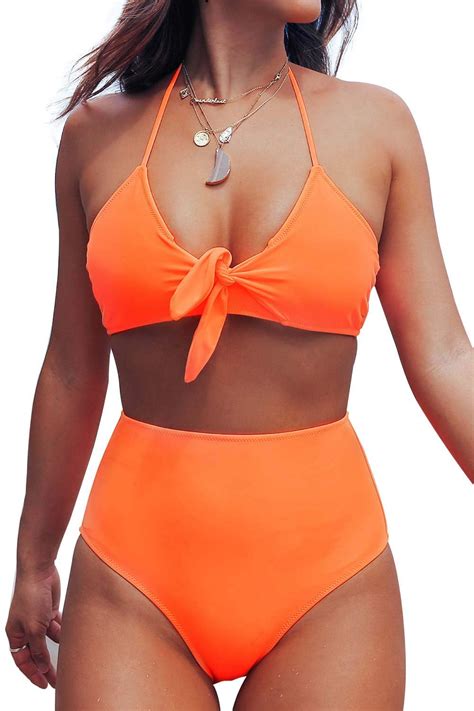 Cupshe Women S Neon Orange Knotted High Waisted Bikini Seaselfie By