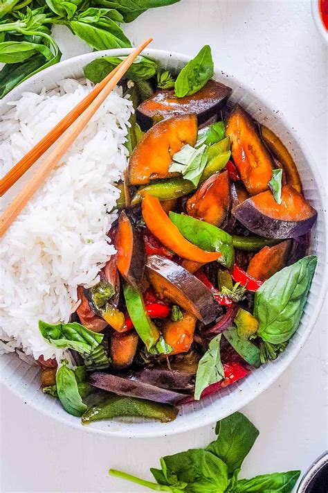 Healthy Food Thai Basil Eggplant Recipe Vegan Stir Fry
