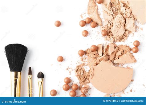 Top View Of Nude Color Cosmetic Powder With Brushes Stock Photo Image Of Particles Tone