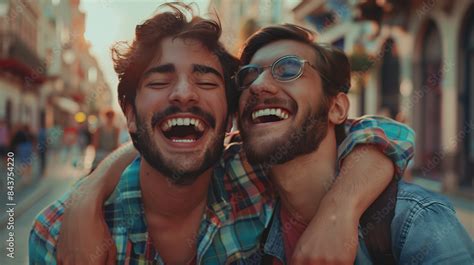 Cheerful Friends Gay Men Hugging On A City Street Lgbtq Community Stock Illustration Adobe Stock