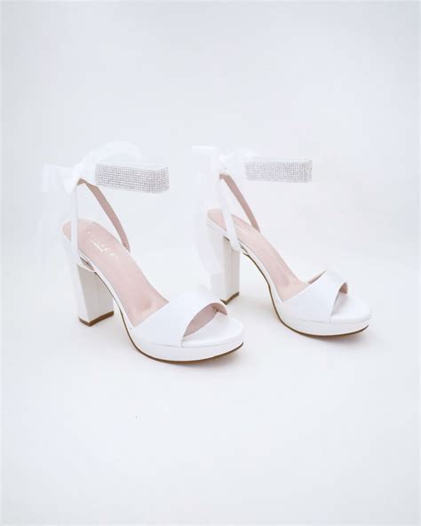 Satin Platform Block Heel Wedding Sandals With Rhinestones Strap
