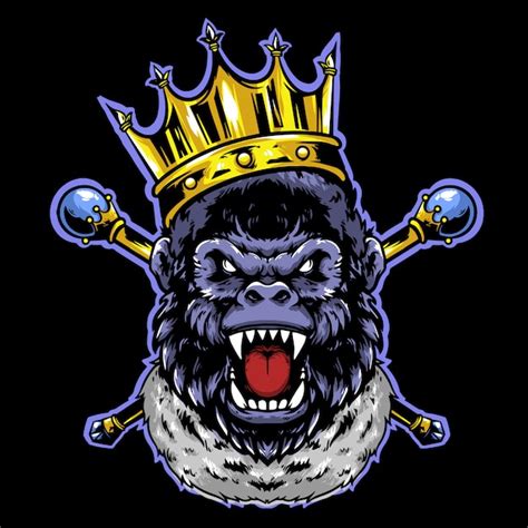 Premium Vector Gorilla Head King With Crown And Gold Stick Mascot Design