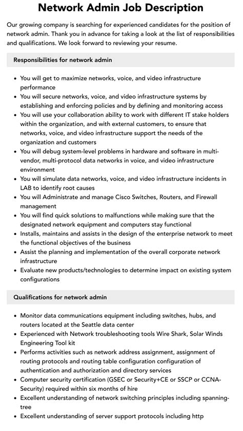 Network Admin Job Description Velvet Jobs