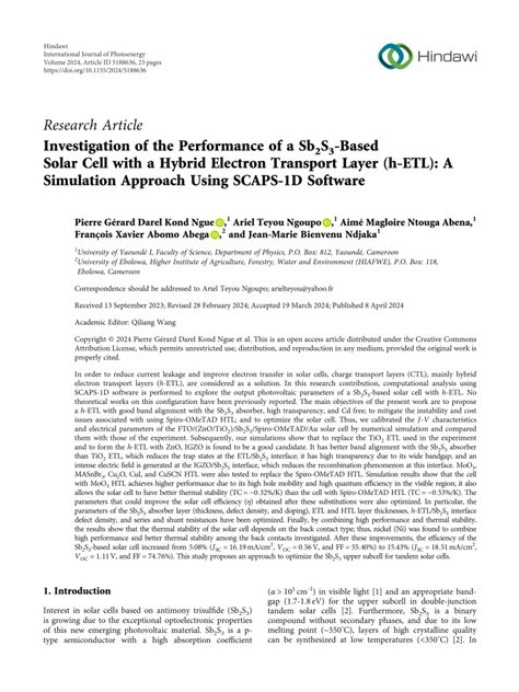 PDF Investigation Of The Performance Of A Sb2S3 Based Solar Cell With