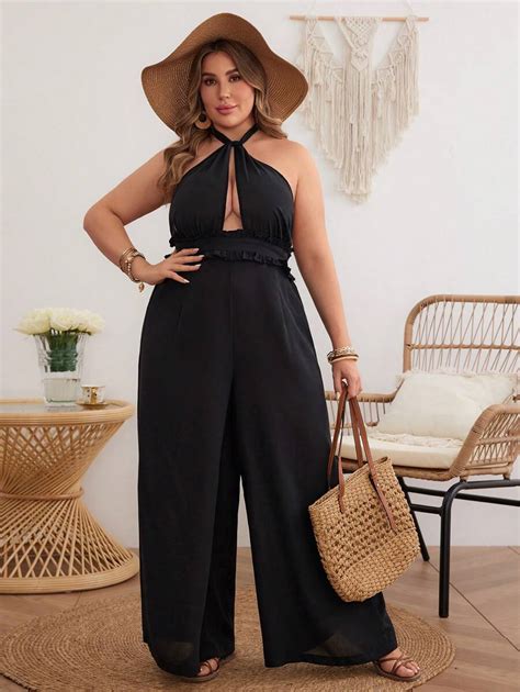 Shein Vcay Plus Size Women S Beach Holiday Black Cutout Waist Lace Trim