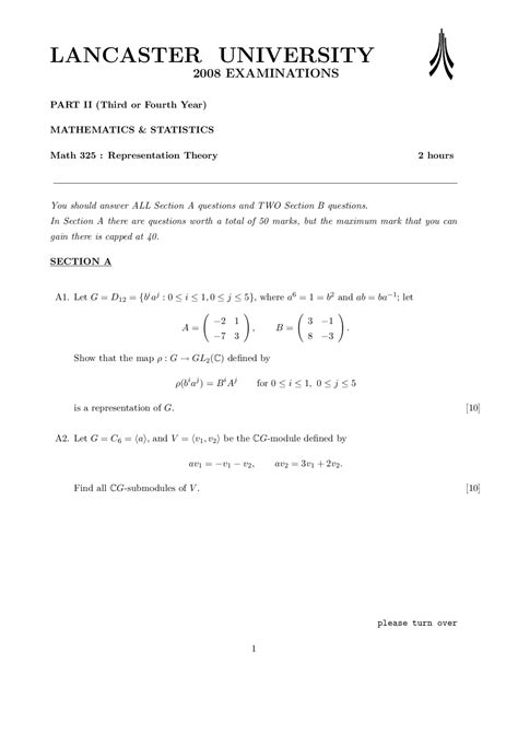 Representation - Representation Theory - Exam - Docsity