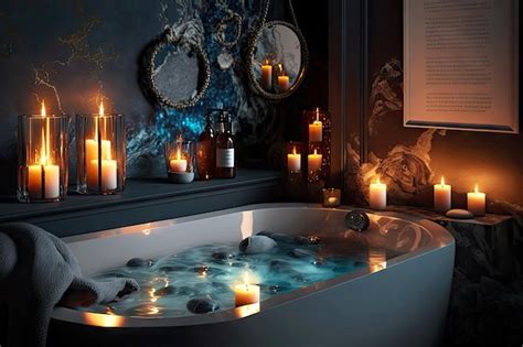 Baño relajante con burbujas en baño grande y oscuro con velas creadas