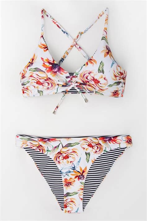 Floral And Striped Reversible Bikini Top