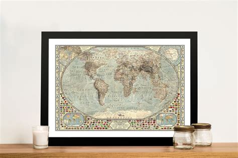 Classical Vintage Framed World Map Wall Art Print Sydney Melbourne