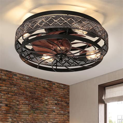 SHIHOT Low Profile Caged Ceiling Fans with Lights and Remote, Flush