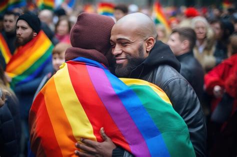 Una feliz pareja gay envuelta en una bandera arcoíris que representa el orgullo lgbtq uno