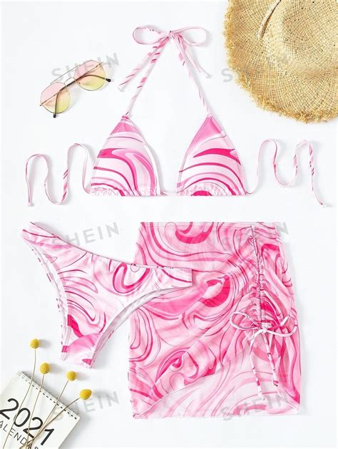 SHEIN X Hangout Fest SHEIN Swim Summer Beach 3packs Allover Print Halter Bikini Cover Up