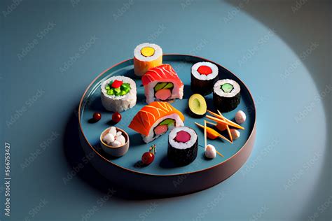 A sushi with a variety of toppings on it is shown in a photo with a ...