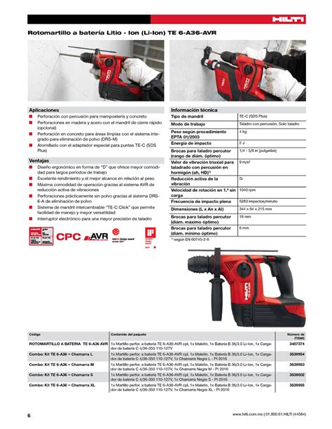 Ficha técnica Taladro Hilti 6 hilti 01 800 61 44584 Código