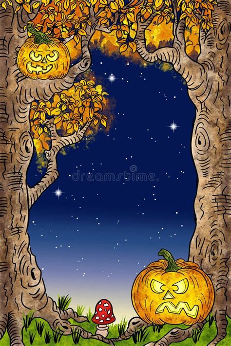 Illustration Of Halloween Background With Pumpkin Faces And Trees Stock