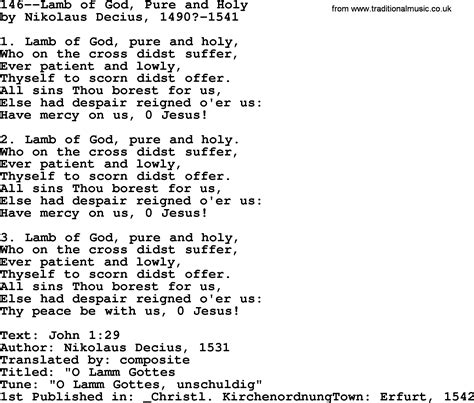 Lutheran Hymns Song 146 Lamb Of God Pure And Holy Lyrics And PDF