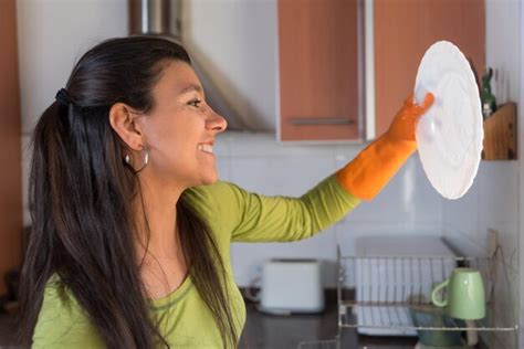Joven Ama De Casa Latina Usando Un Plato Como Un Concepto De Limpieza Del Hogar Feliz De La Casa