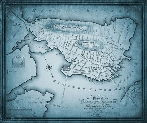 Charlestown Peninsula Boston Massachusetts Vintage Map 1818 Blue ...