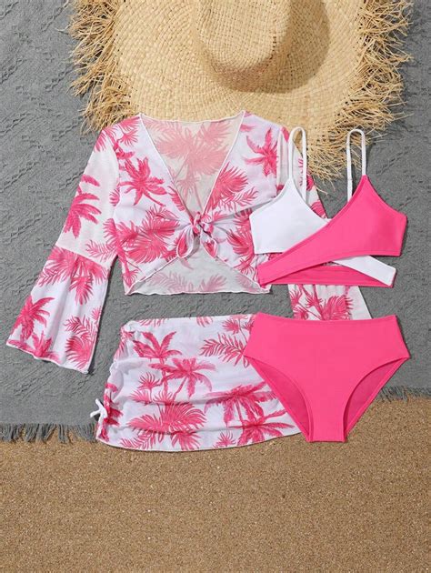 SHEIN Mädchen Tweens Farbblock Bikini Set mit Kokospalmen Muster Strandkleider Set für den