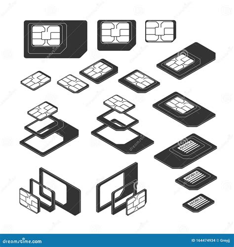 Three Types of SIM Card - Standard, Micro and Nano. Top and Isometric