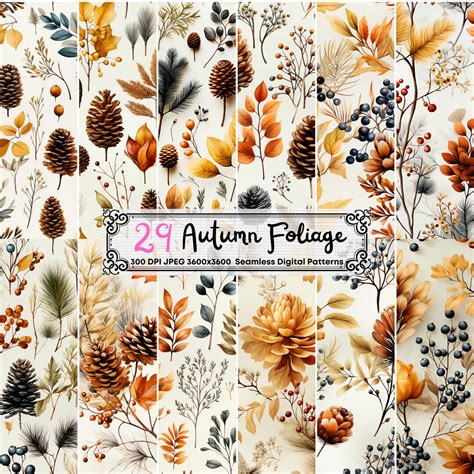 Watercolor Autumn Foliage Patterns Digital Paper Seamless Autumn