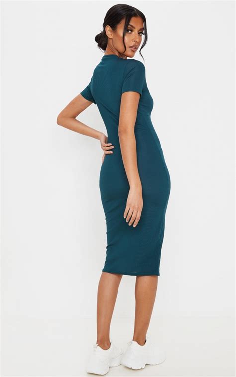 Emerald Green Ribbed Short Sleeve Crew Neck Midi Dress