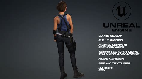 3D Model Jill Valentine Resident Evil UE5 Face Animated Nude Version VR AR Low Poly