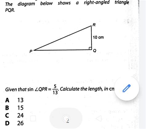 Solved The Diagram Below Shows A Right Angled Triangle Pqr Given That Sin ∠ Qpr Math