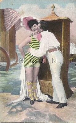 Org Vintage European Semi Nude Pc Bathing Beauty Man Beach