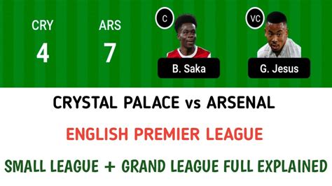 CRY Vs ARS Dream11 Team Crystal Palace Vs Arsenal Dream11 Team