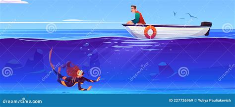 Sea Landscape With Scuba Diver And Man In Boat Stock Vector