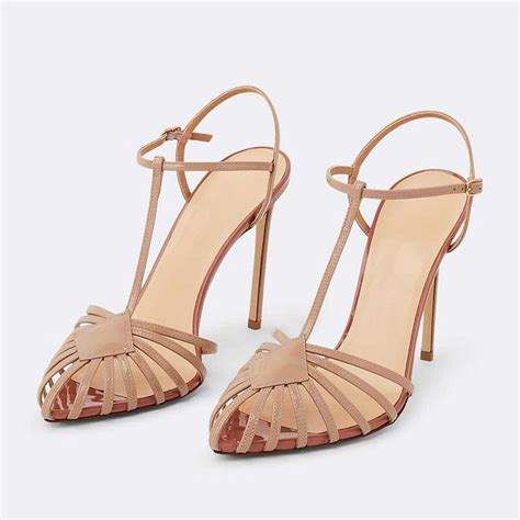 Comfortable Nude T Strap Slingback Stiletto Heels Women Sandals Hollow Pointed Toe Ankle Straps