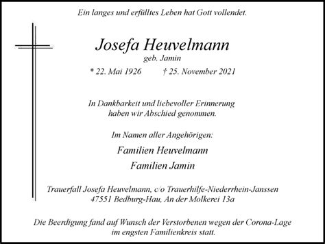 Traueranzeigen Von Josefa Heuvelmann Trauer In Nrw De