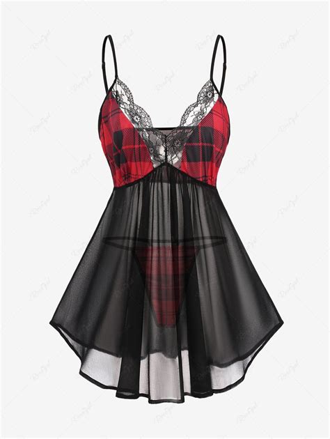 Plus Size Floral Plaid Mesh See Through Ruched Lingerie Set Adjustable Shoulder Strap OFF