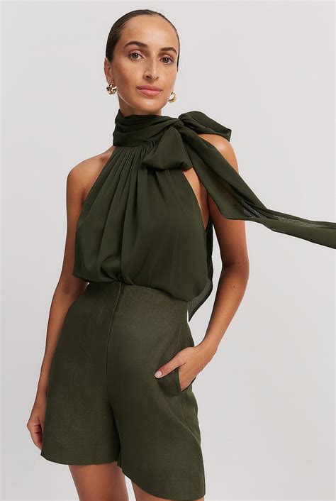 Dark Olive Georgette Pussy Bow Halter Shirts Country Road